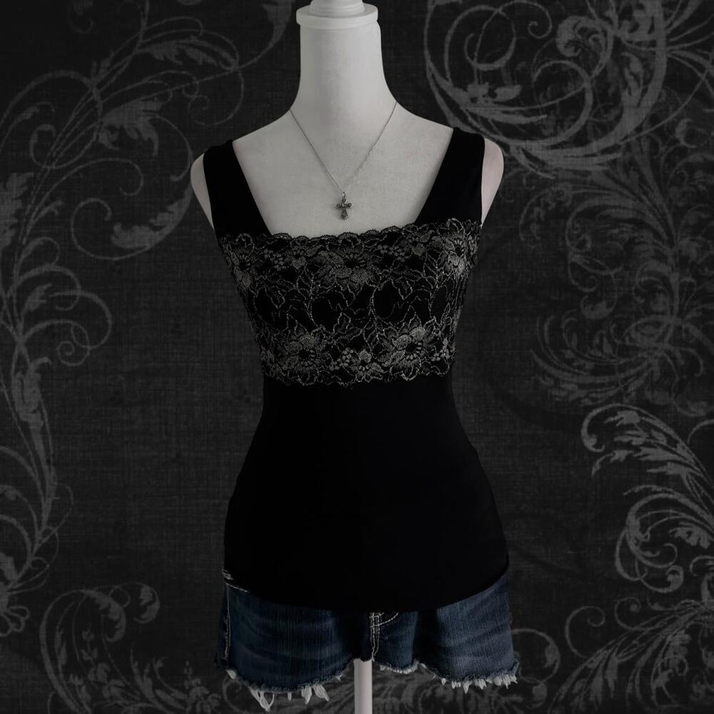 sleek Y2K black snug super soft cami with beige floral lace whimsigoth tank top